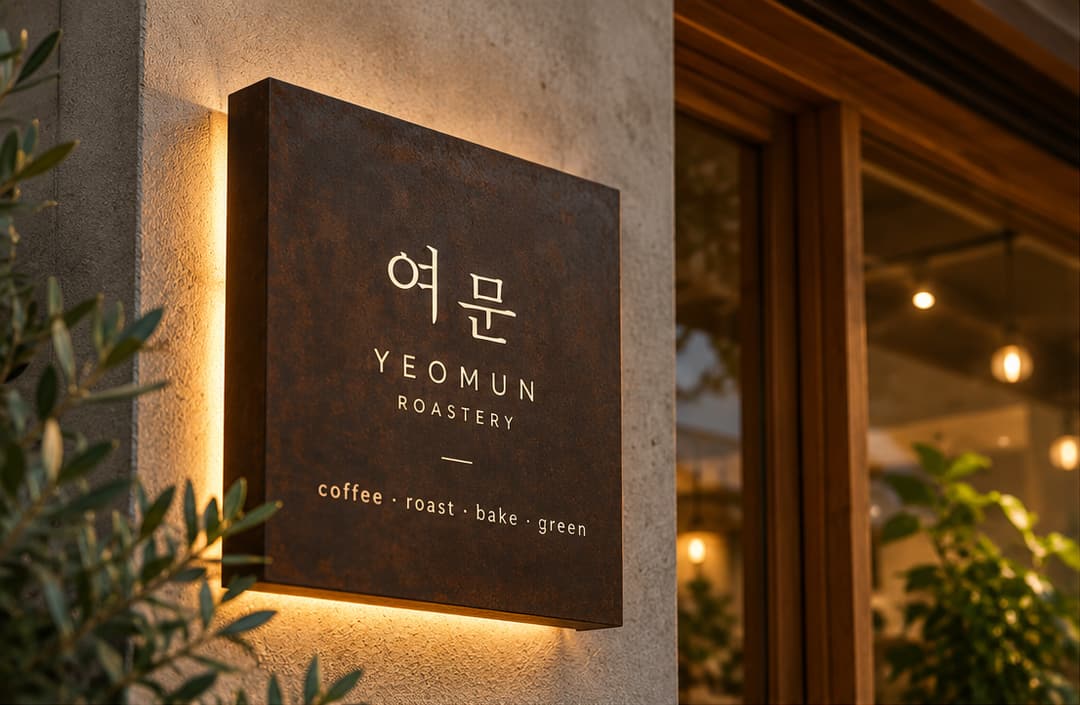 따뜻한 간접 조명이 비추는 ‘여문 YEOMUN ROASTERY’ 간판 시안